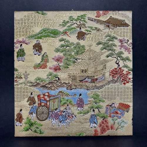 golden kiryu brocade panel with heian era scroll design