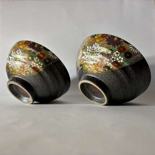 Traditional Japanese Kutani-ware rice bowls with Hanazume design
