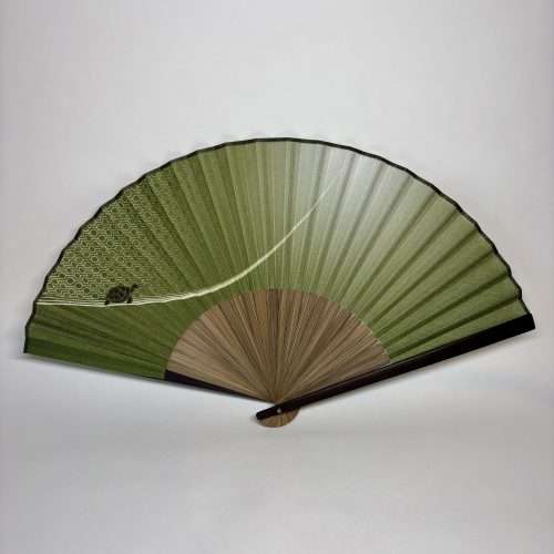 traditional Japanese folding fan green lucky turtle design