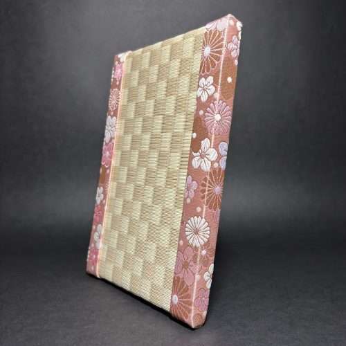 Traditional Japanese handmade mini tatami mat with checkered pattern and pink chrysanthemum and plum motif